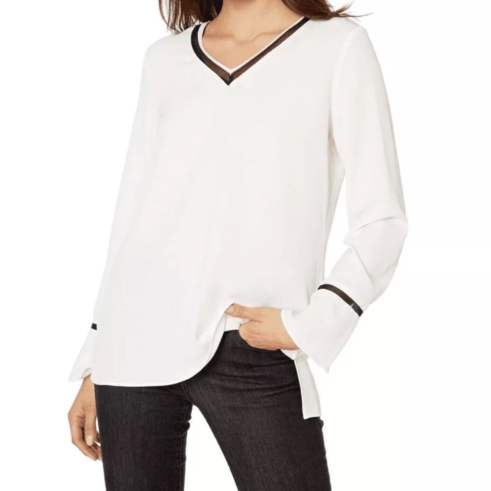 Calvin Klein  V Neck Long Sleeve Blouse Top w/ Mesh Detail - Ivory - Size XL
